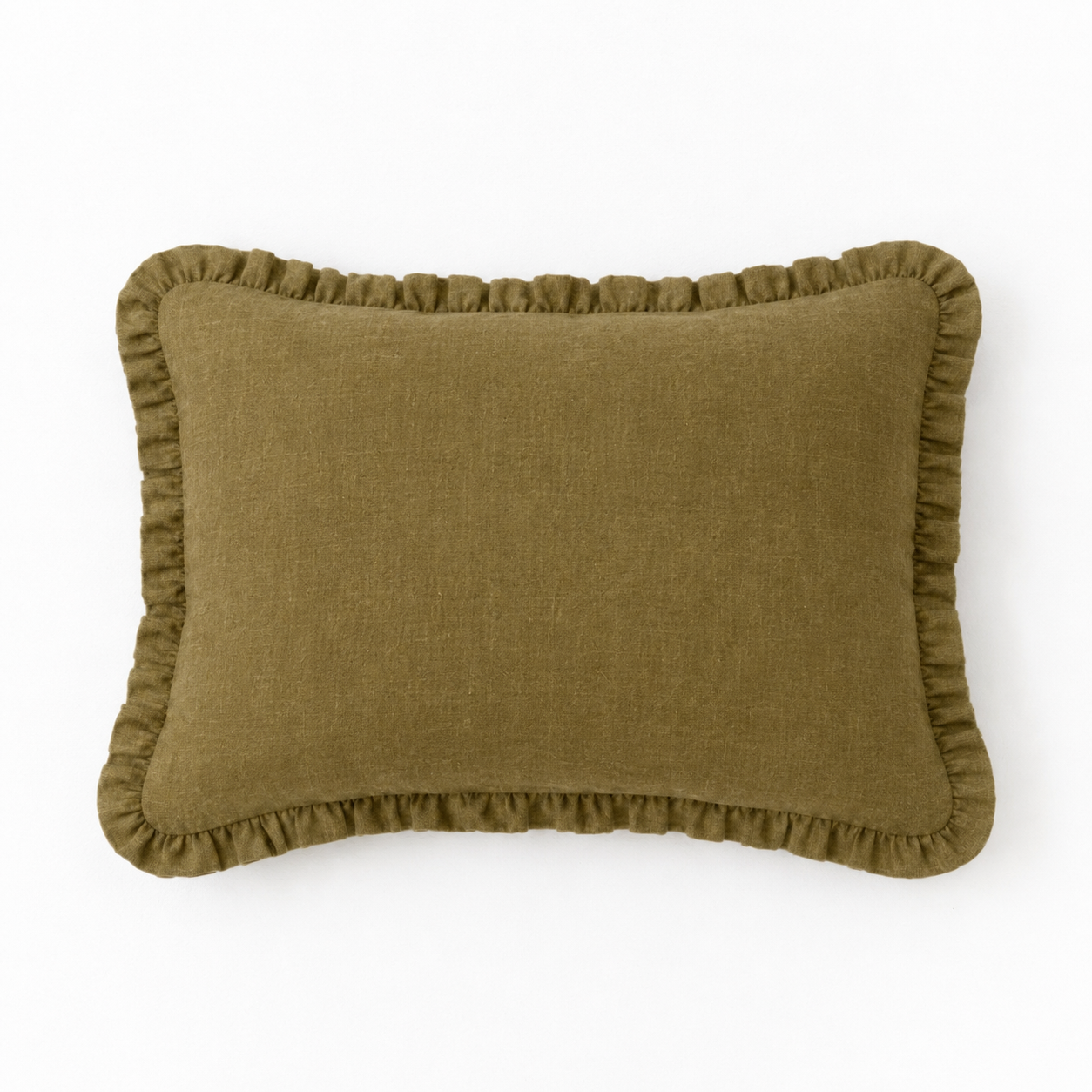 Ruffle trim linen pillowcase in Olive green