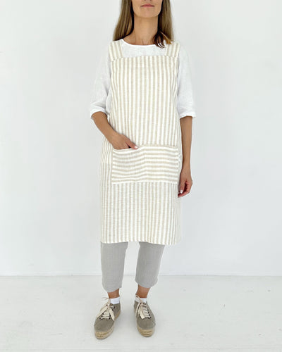 Pinafore cross-back linen apron in Striped natural | MagicLinen