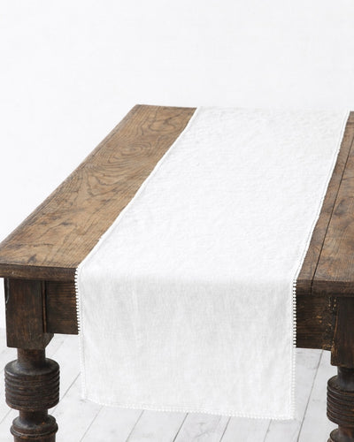 White Pom pom trim linen table runner