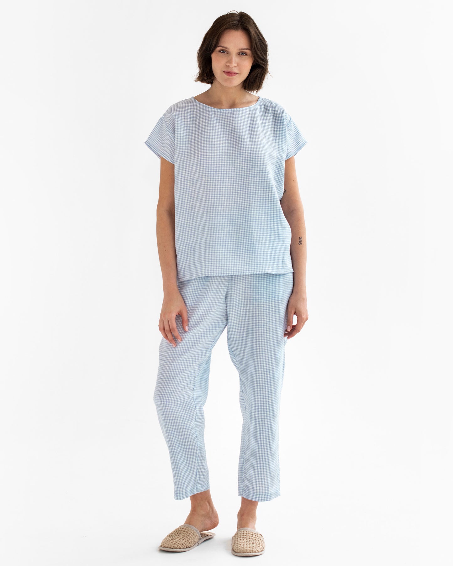 Women's Linen Pajama set RAVELLO in Blue Gingham | MagicLinen