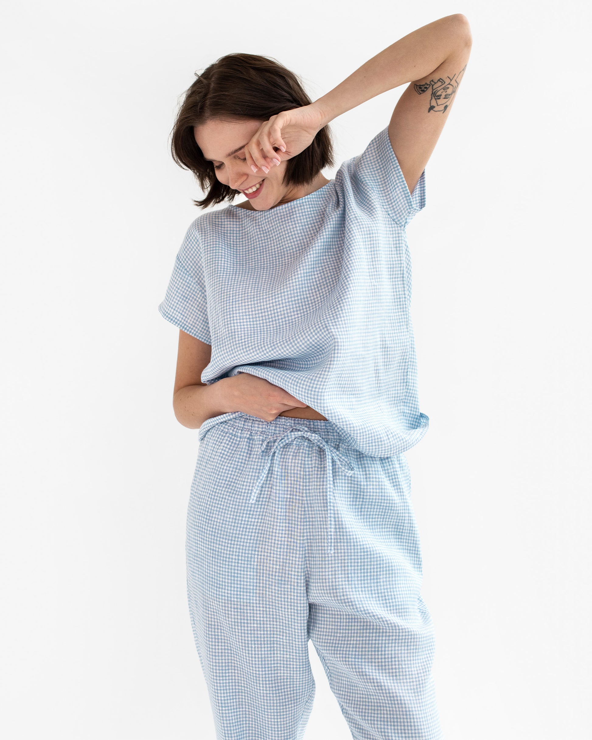 Women's linen pajama set RAVELLO in Blue gingham - MagicLinen
