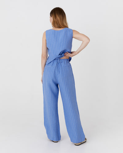 Wide leg linen pants ROME in Blue stripes - MagicLinen modelBoxOn