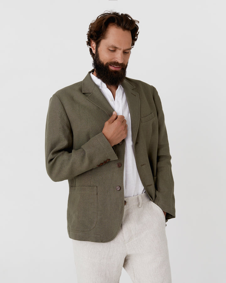 Men's heavyweight linen blazer SALVADOR in Dark green - MagicLinen