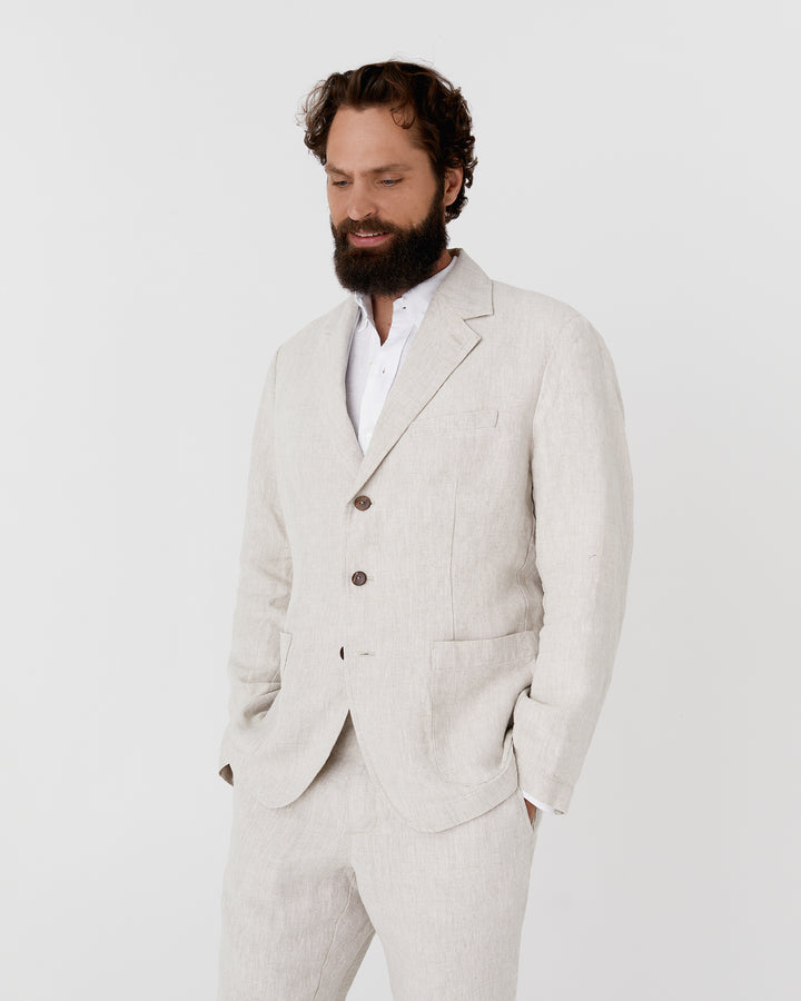 Men's heavyweight linen blazer SALVADOR in Natural melange - MagicLinen modelBoxOn