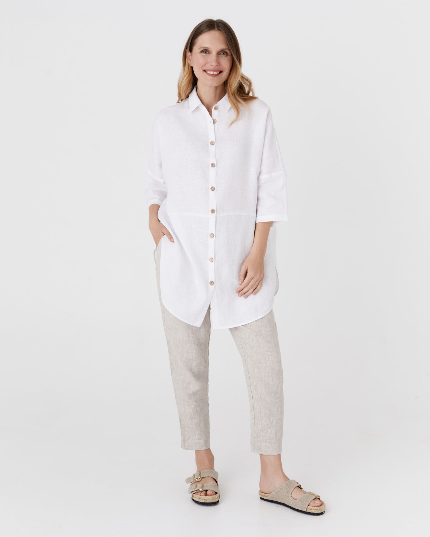 Flowing linen tunic-shirt SANIBEL in White - MagicLinen modelBoxOn