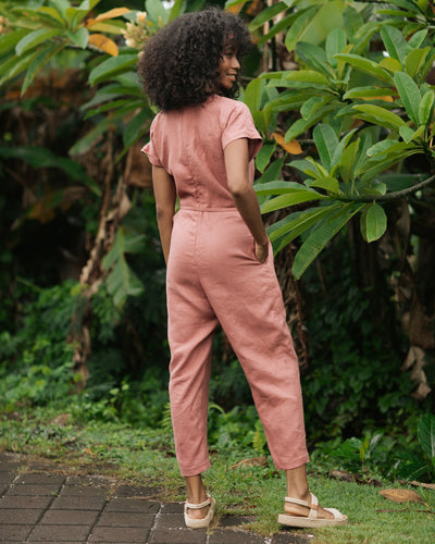 Wrap linen jumpsuit SAPA in Clay pink - MagicLinen
