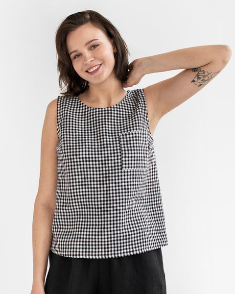 Sleeveless Linen Top SILAY in Black Gingham | MagicLinen