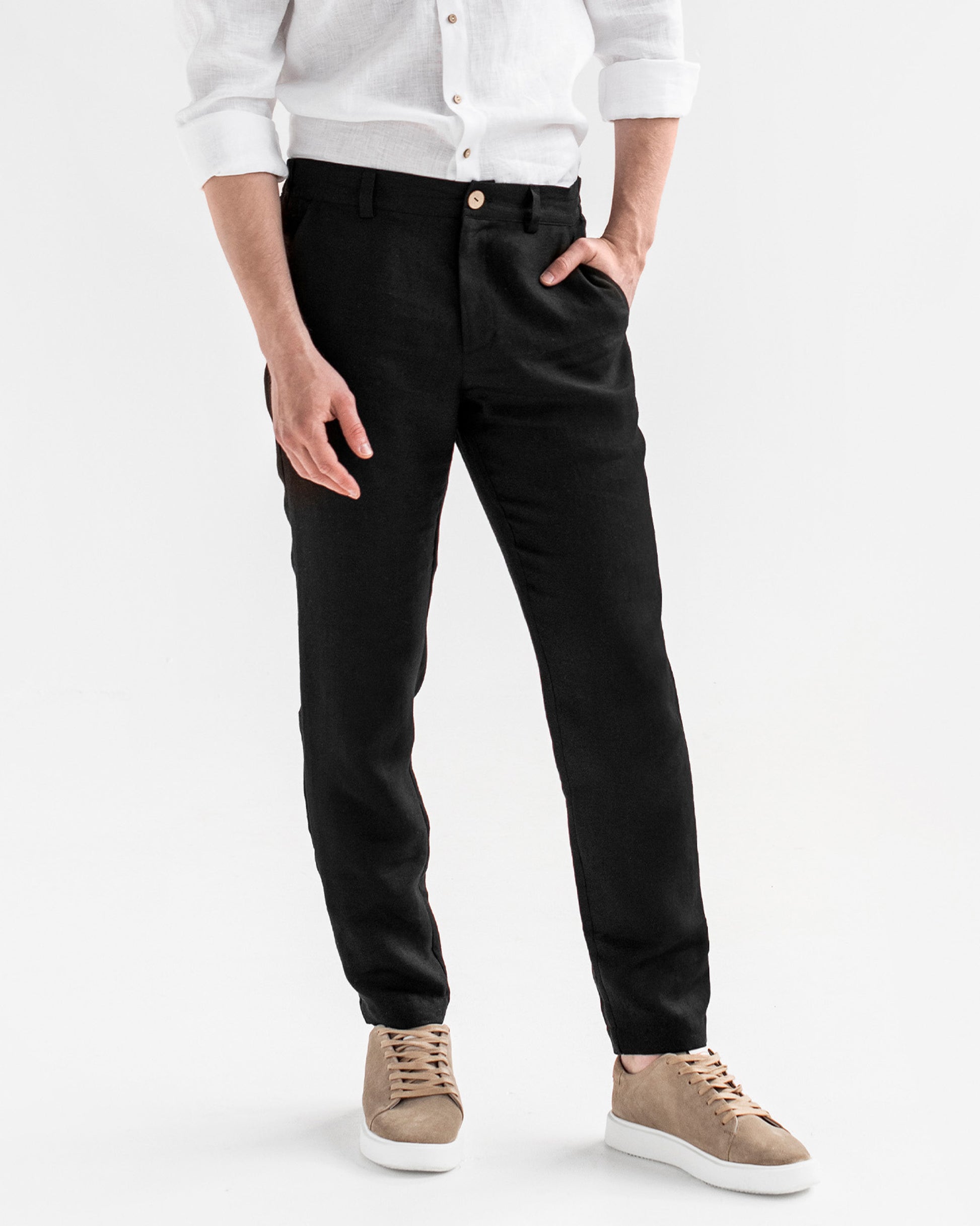 Regular straight leg men's linen pants SOGLIO in Black - MagicLinen