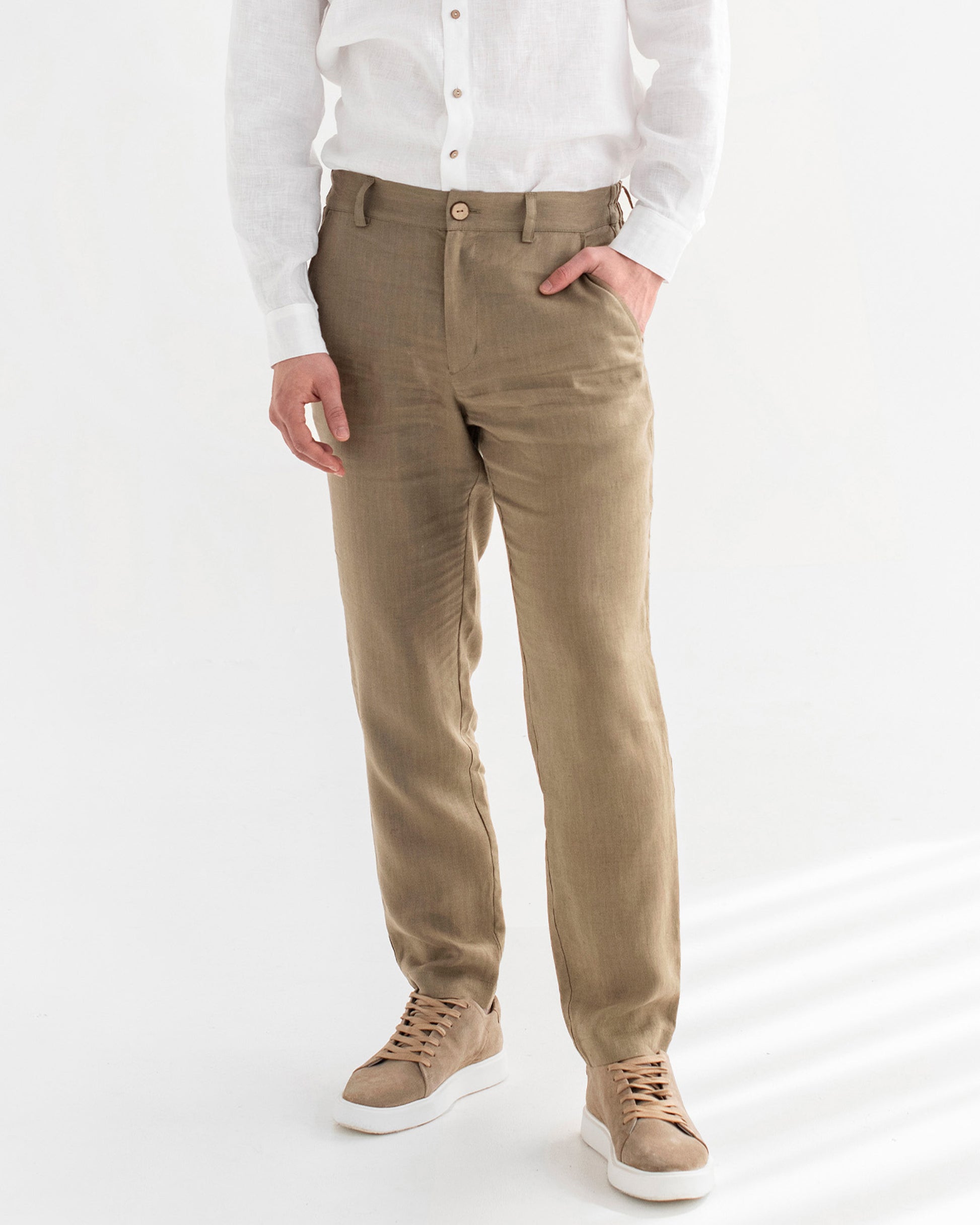 White Linen Shirt with Brown Linen Pants