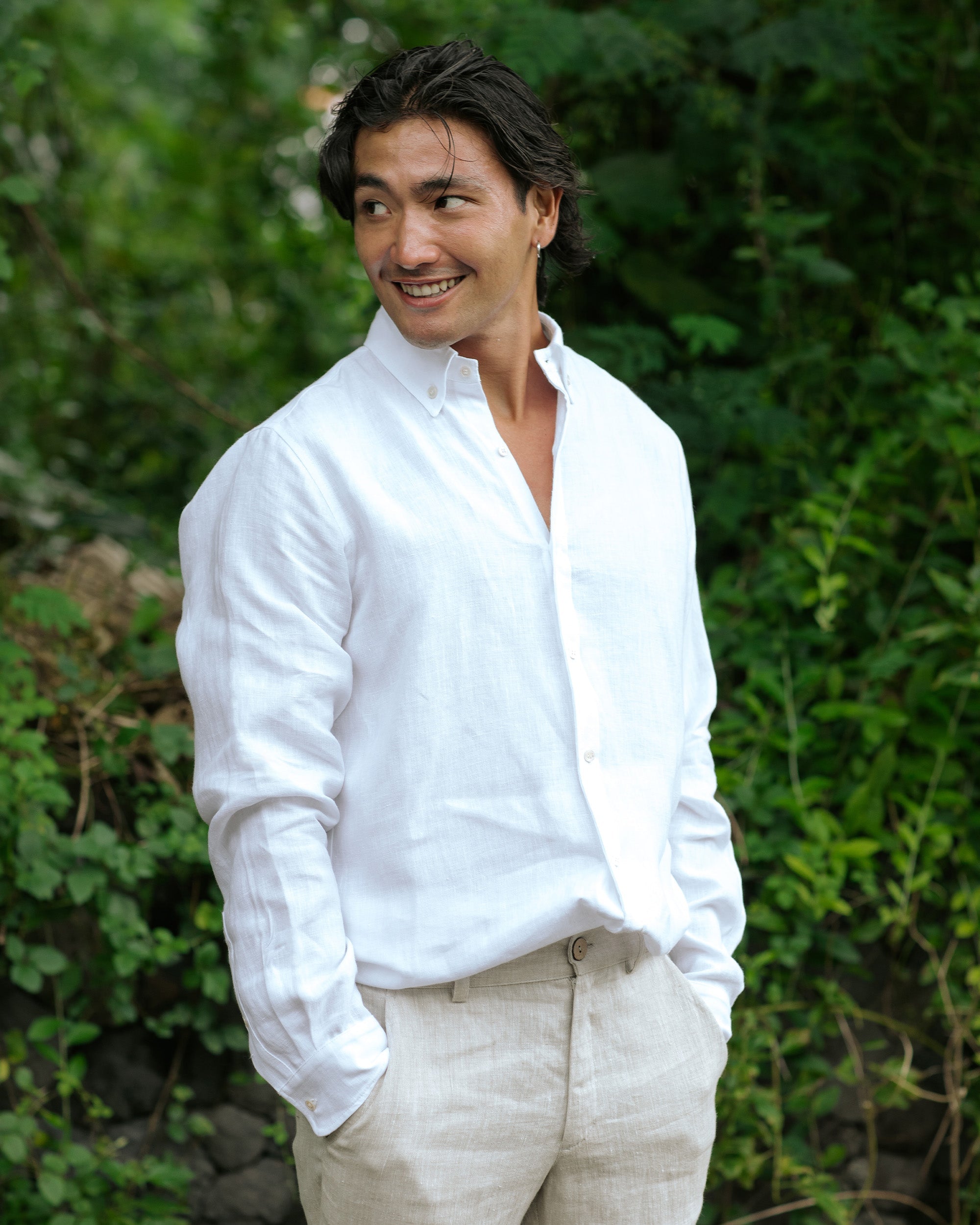 White linen 2025 dress shirt mens