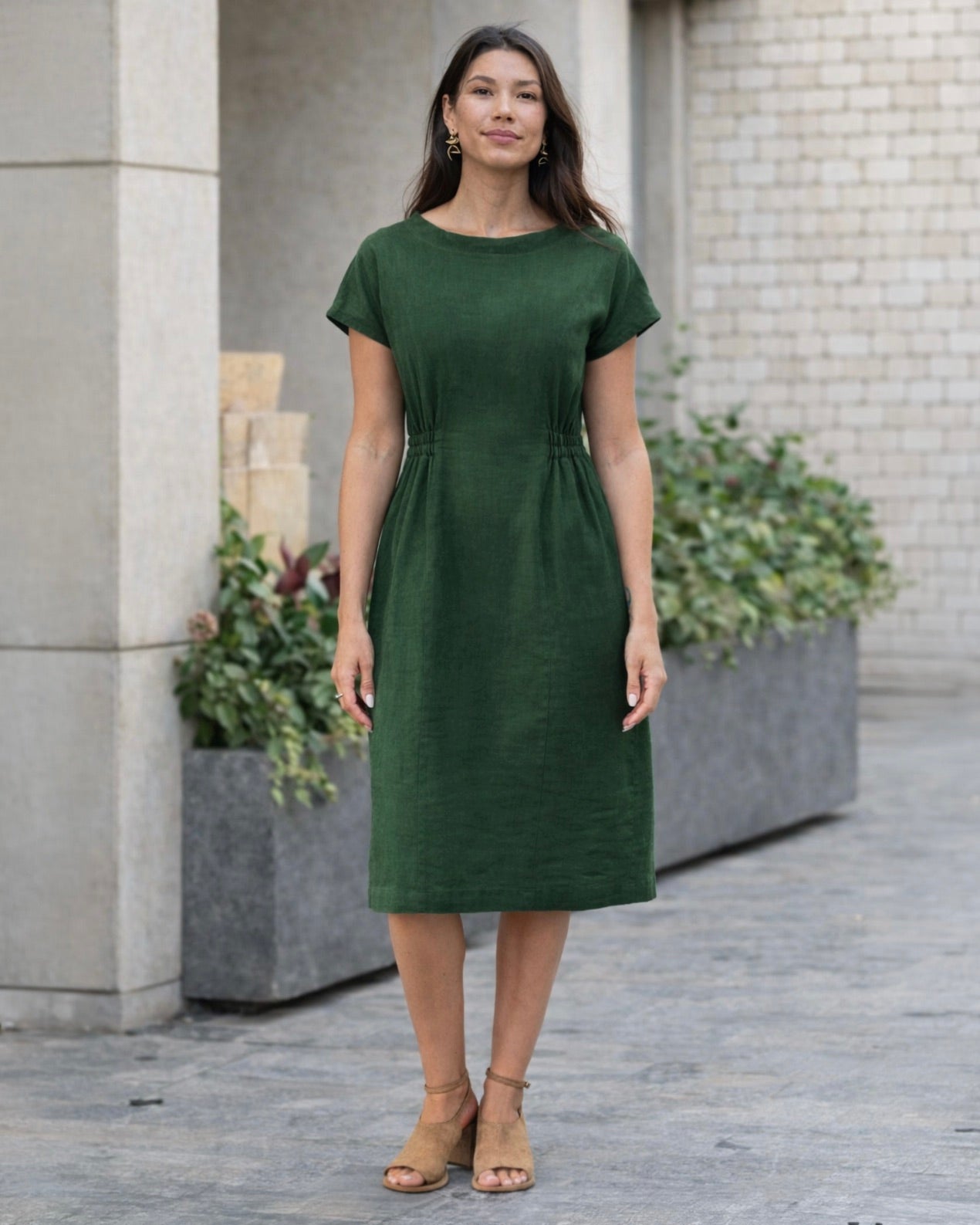 Cap Sleeve Linen Dress SAGUARO in Deep green