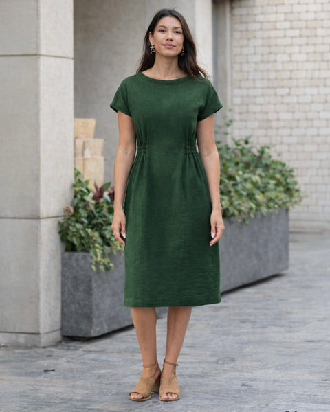 Cap Sleeve Linen Dress SAGUARO in Deep green