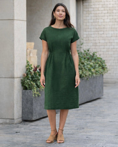 Cap Sleeve Linen Dress SAGUARO in Deep green | MagicLinen Cap Sleeve Linen Dress SAGUARO in Deep green | MagicLinen