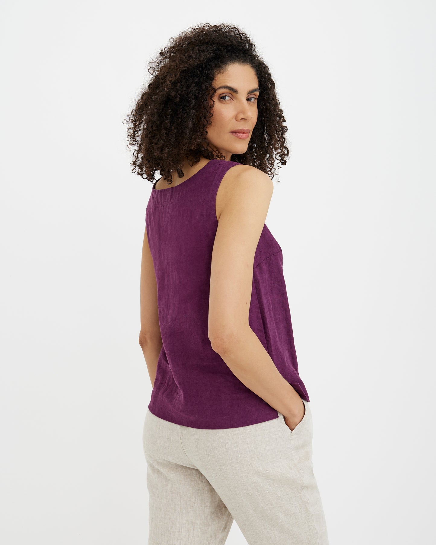 MagicLinen Royal purple linen top styled with linen trousers