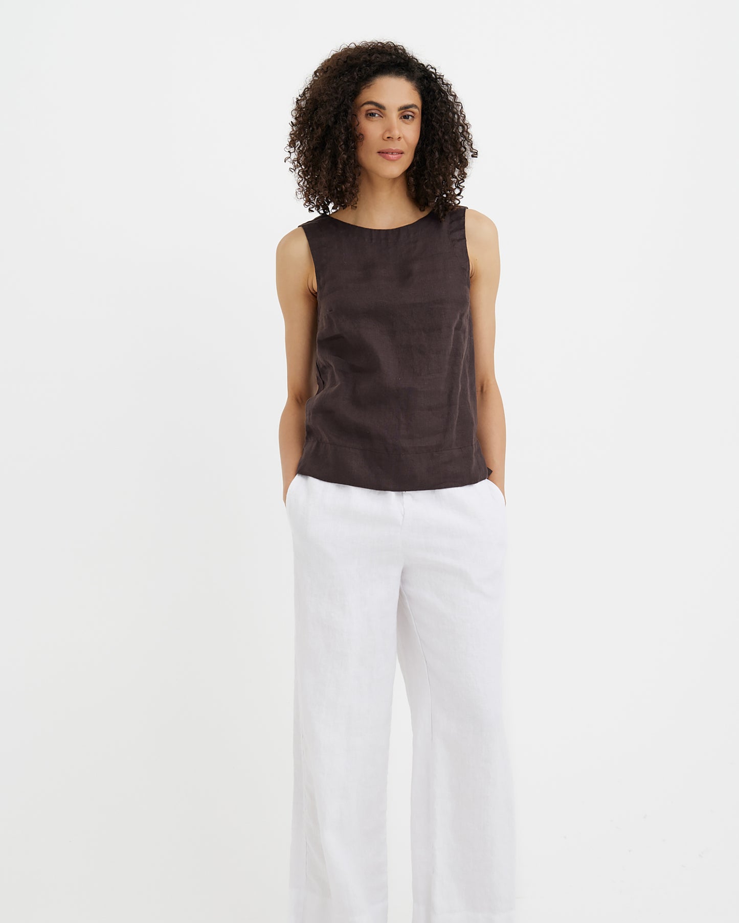 MagicLinen Espresso brown linen top with classic round neckline