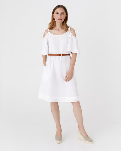 Midi cold shoulder linen dress THASSOS in White - MagicLinen