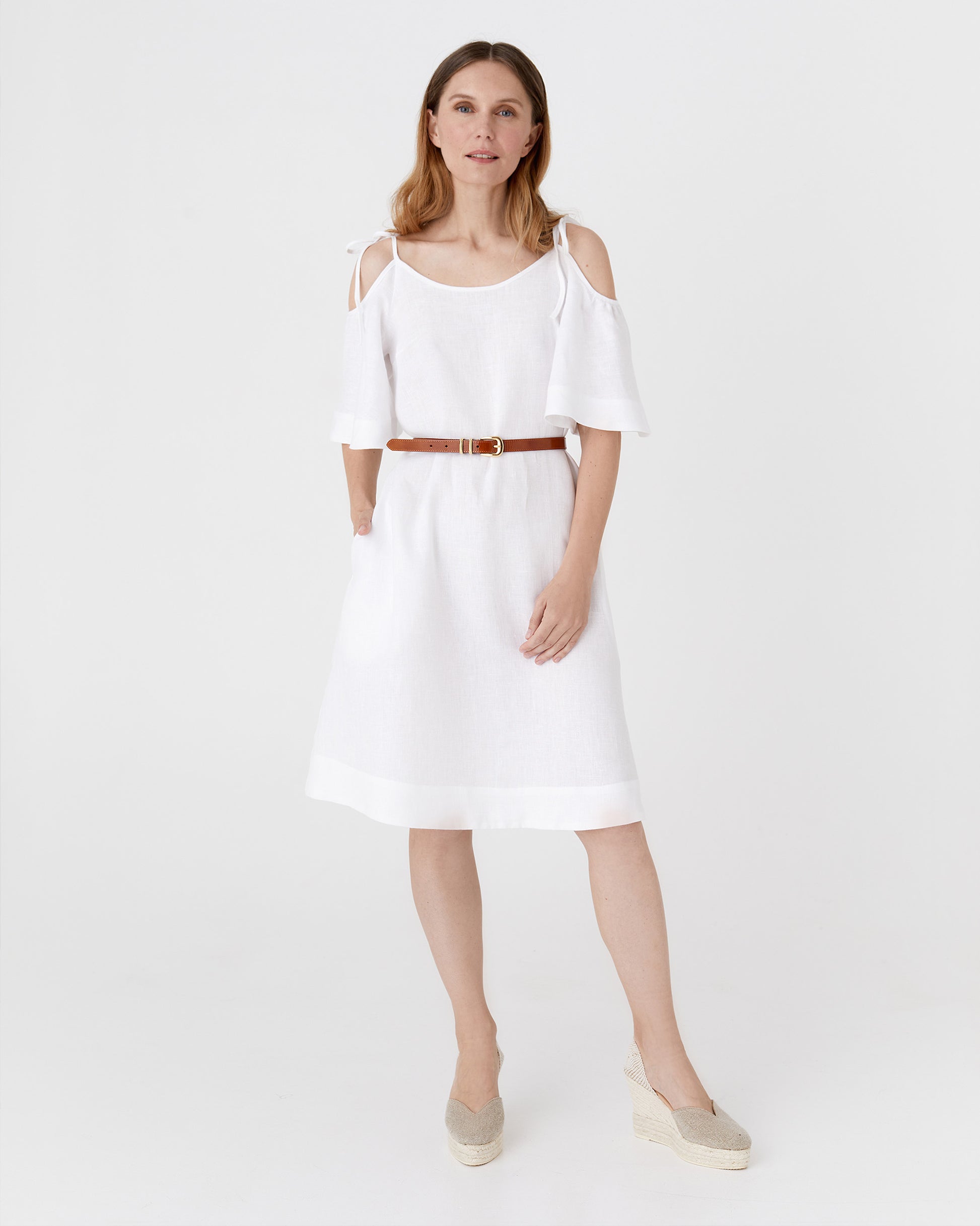 Midi Cold Shoulder Linen Dress THASSOS in White | MagicLinen Midi Cold Shoulder Linen Dress THASSOS in White | MagicLinen