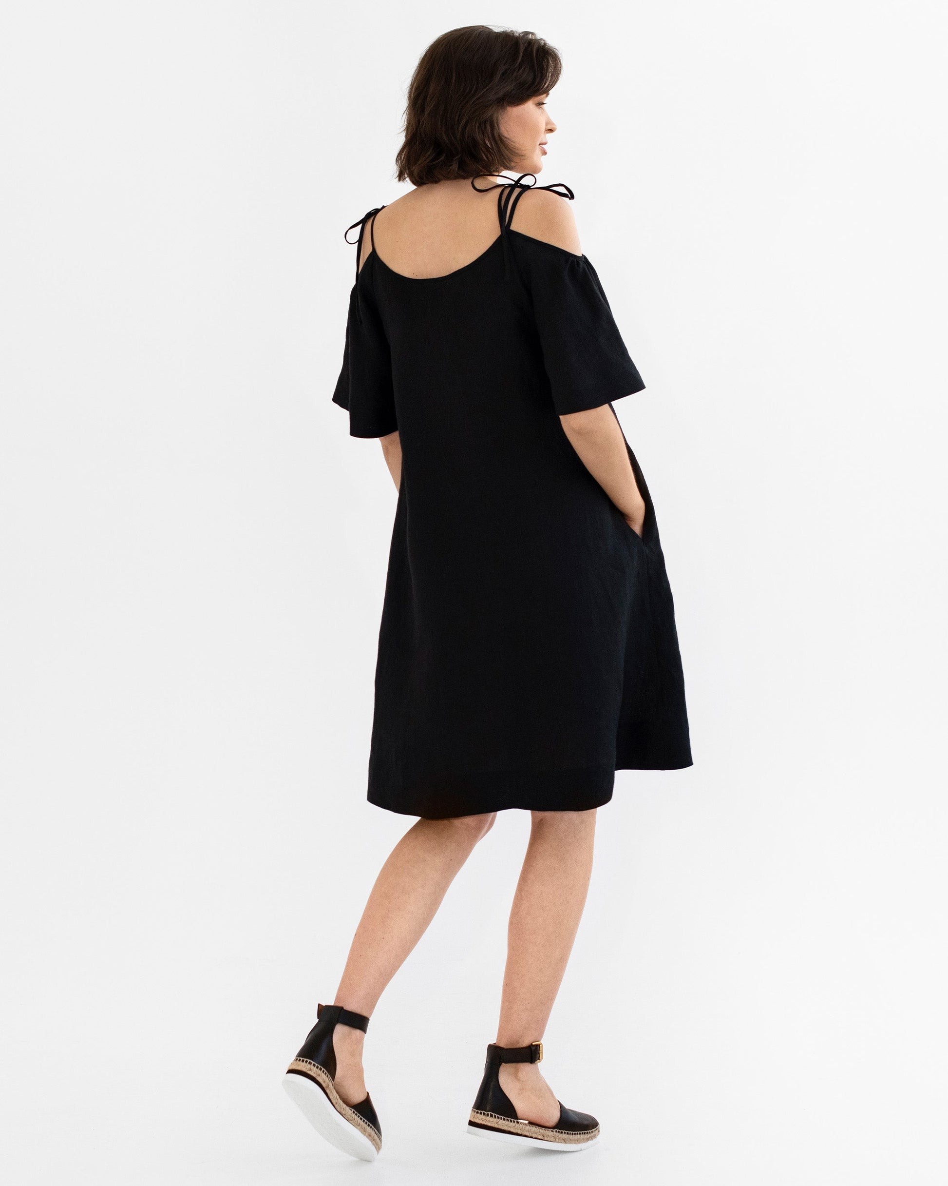 Midi Cold Shoulder Linen Dress THASSOS in Black | MagicLinen S Midi Cold Shoulder Linen Dress THASSOS in Black | MagicLinen S
