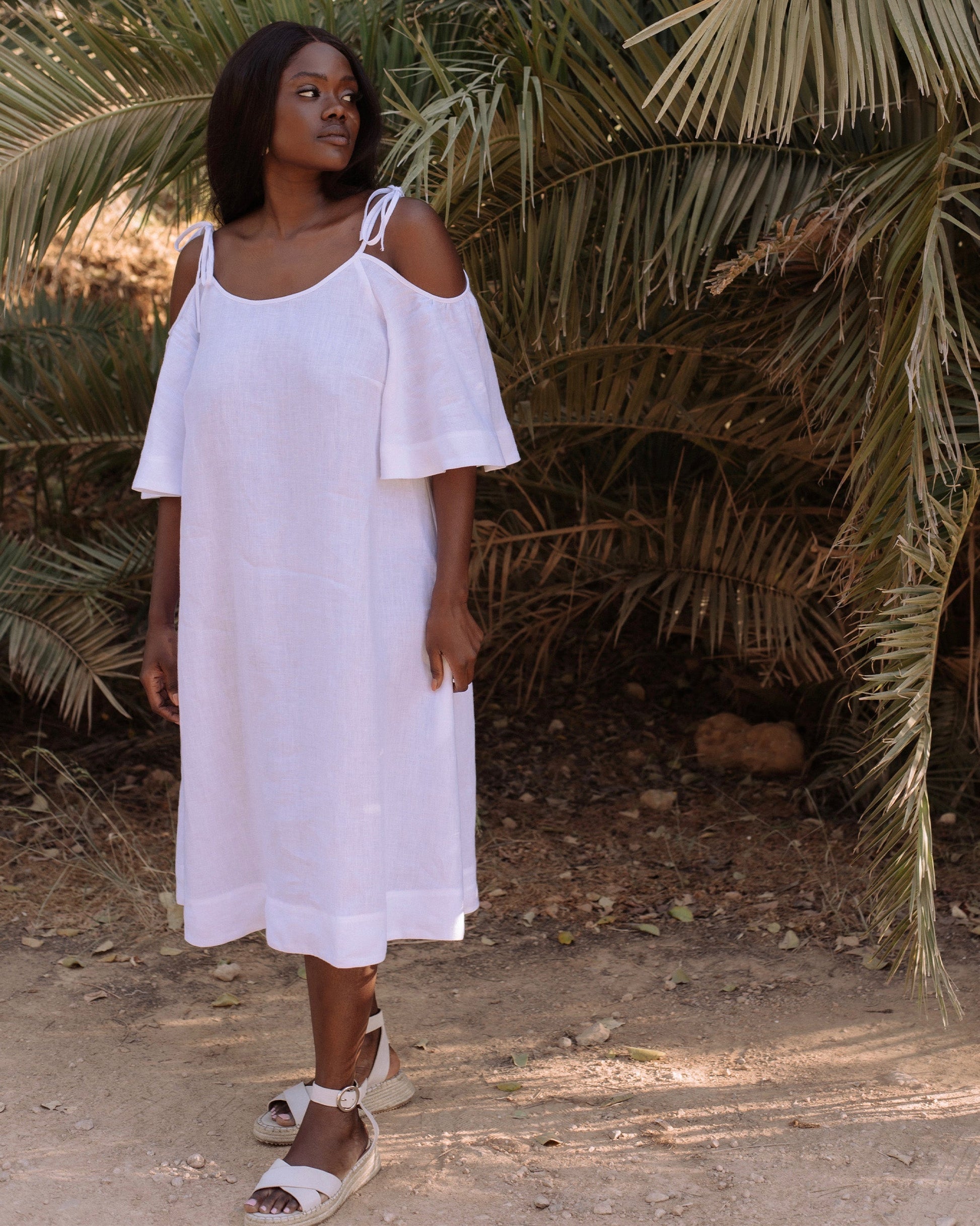 Midi Cold Shoulder Linen Dress THASSOS in White | MagicLinen Midi Cold Shoulder Linen Dress THASSOS in White | MagicLinen