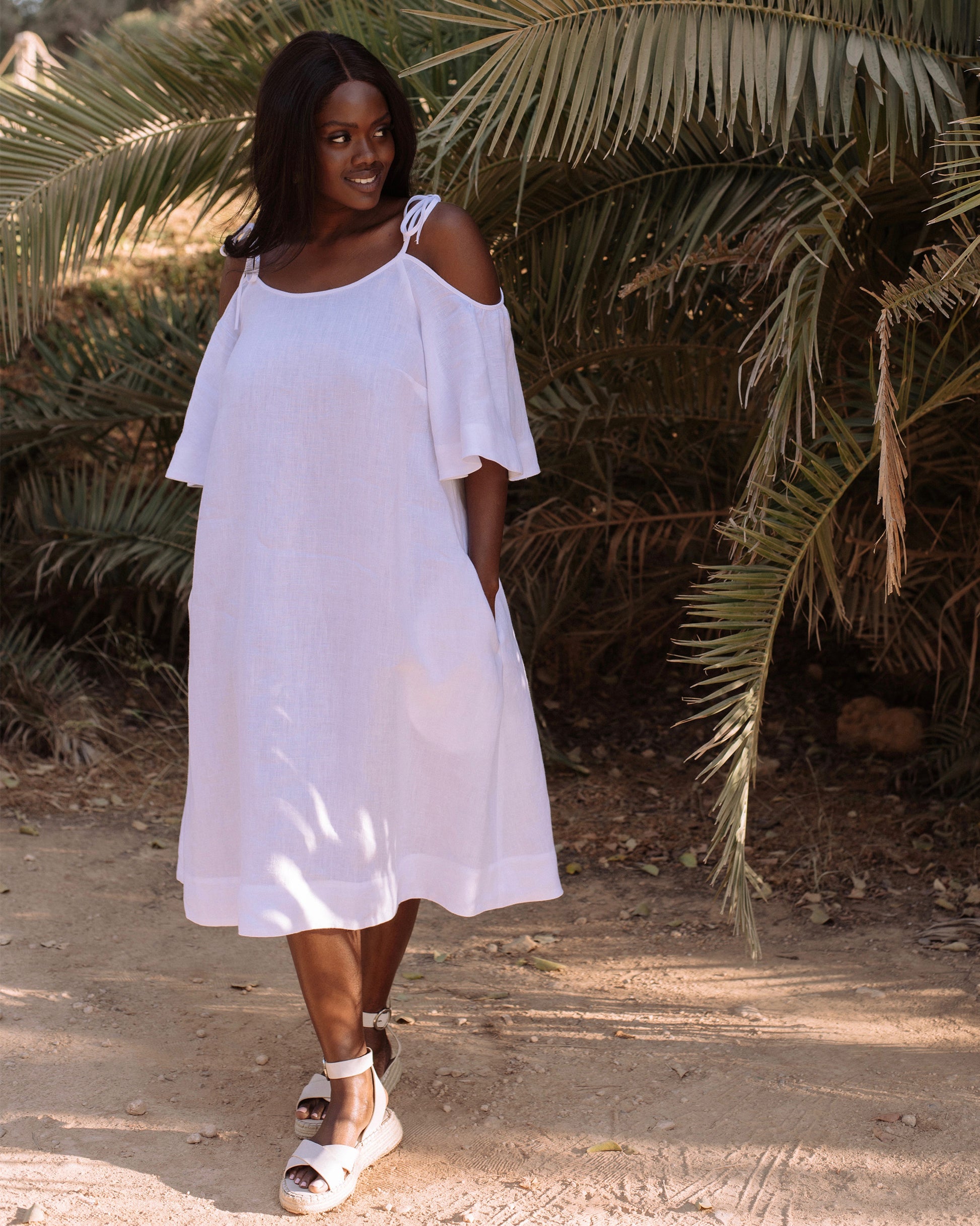 Midi Cold Shoulder Linen Dress THASSOS in White | MagicLinen Midi Cold Shoulder Linen Dress THASSOS in White | MagicLinen