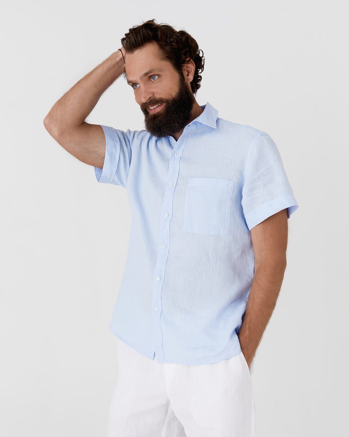 Men's short sleeves linen shirt VERBIER in Sky blue - MagicLinen modelBoxOn