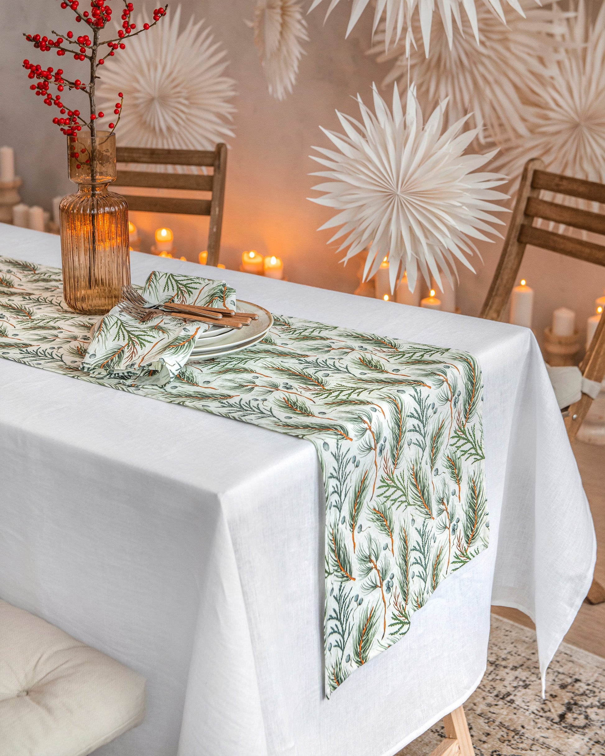 Linen table runner in White & Winter print | MagicLinen