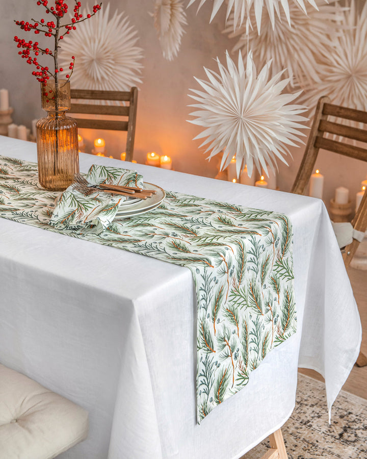 Linen table runner in White & Winter print | MagicLinen