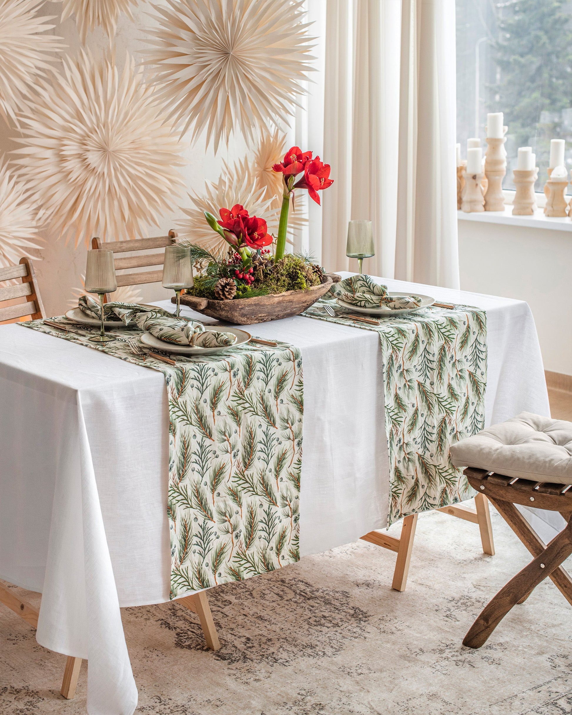 Linen table runner in White & Winter print | MagicLinen