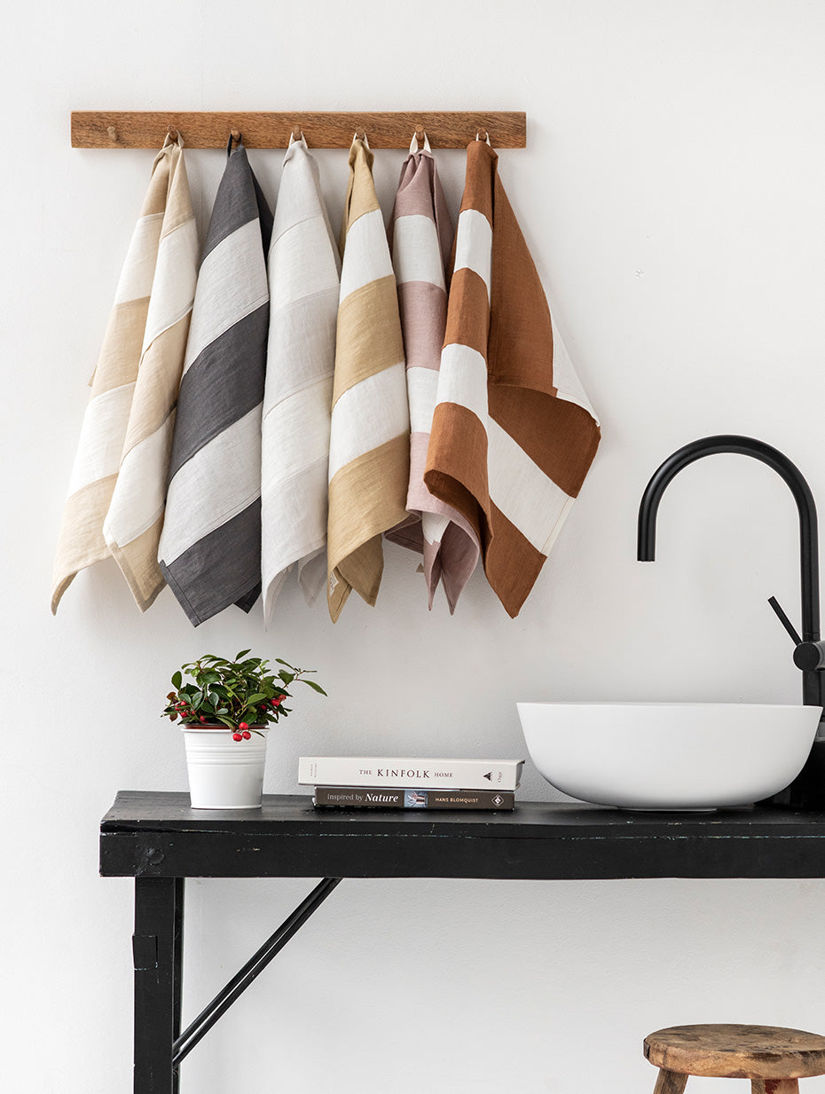 Zero-waste striped linen tea towel in Tan - MagicLinen