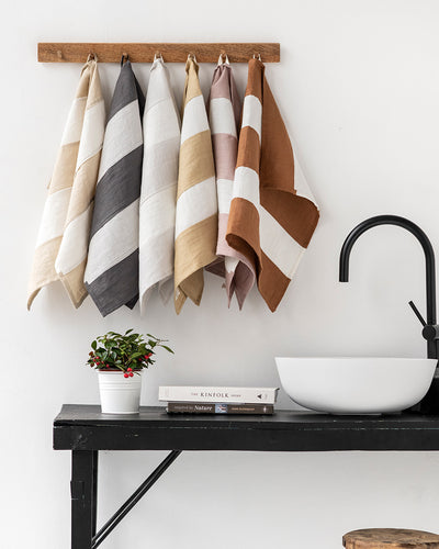 Zero-waste striped linen tea towel in Clay - MagicLinen