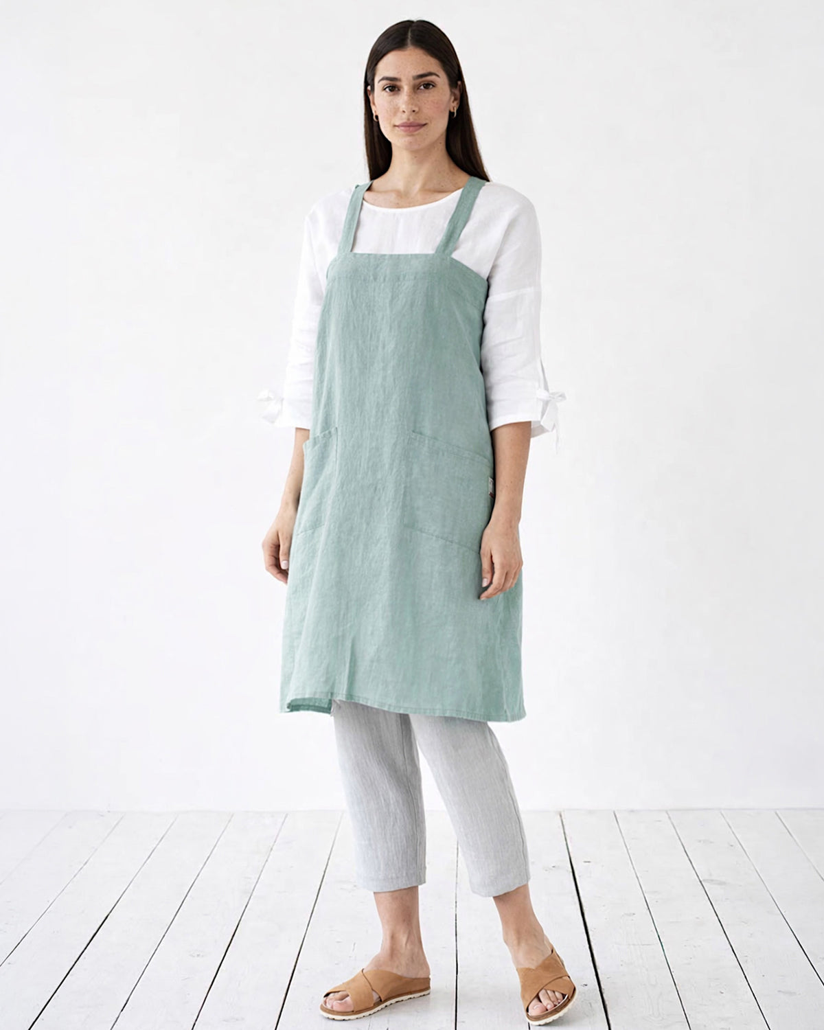Japanese cross back linen apron Aquamarine