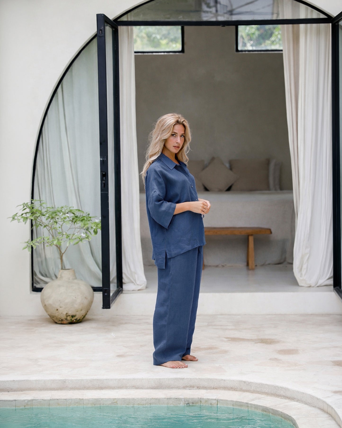 Linen pajama set AVEIRA in Deep Navy Blue