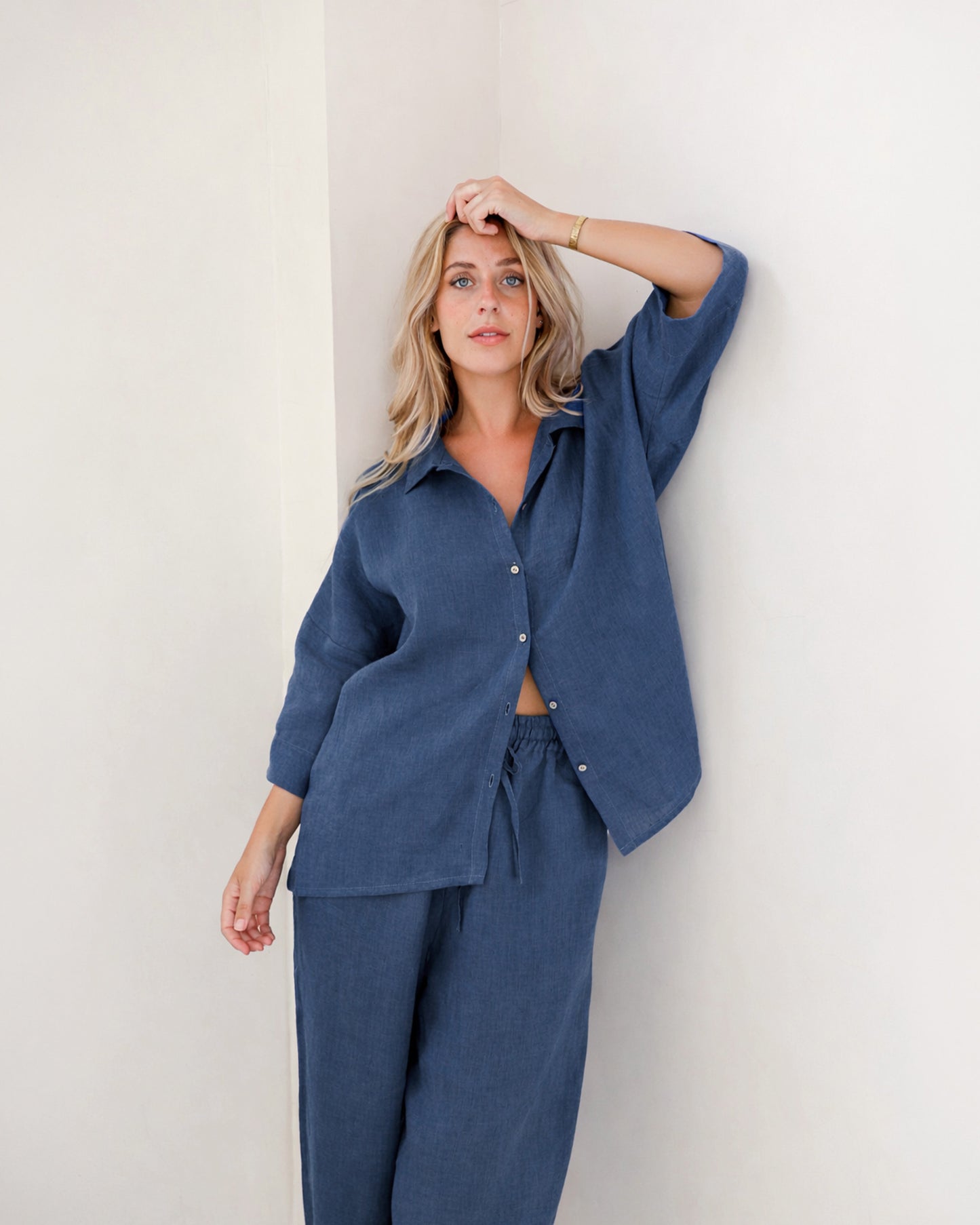 Linen pajama set AVEIRA in Deep Navy Blue