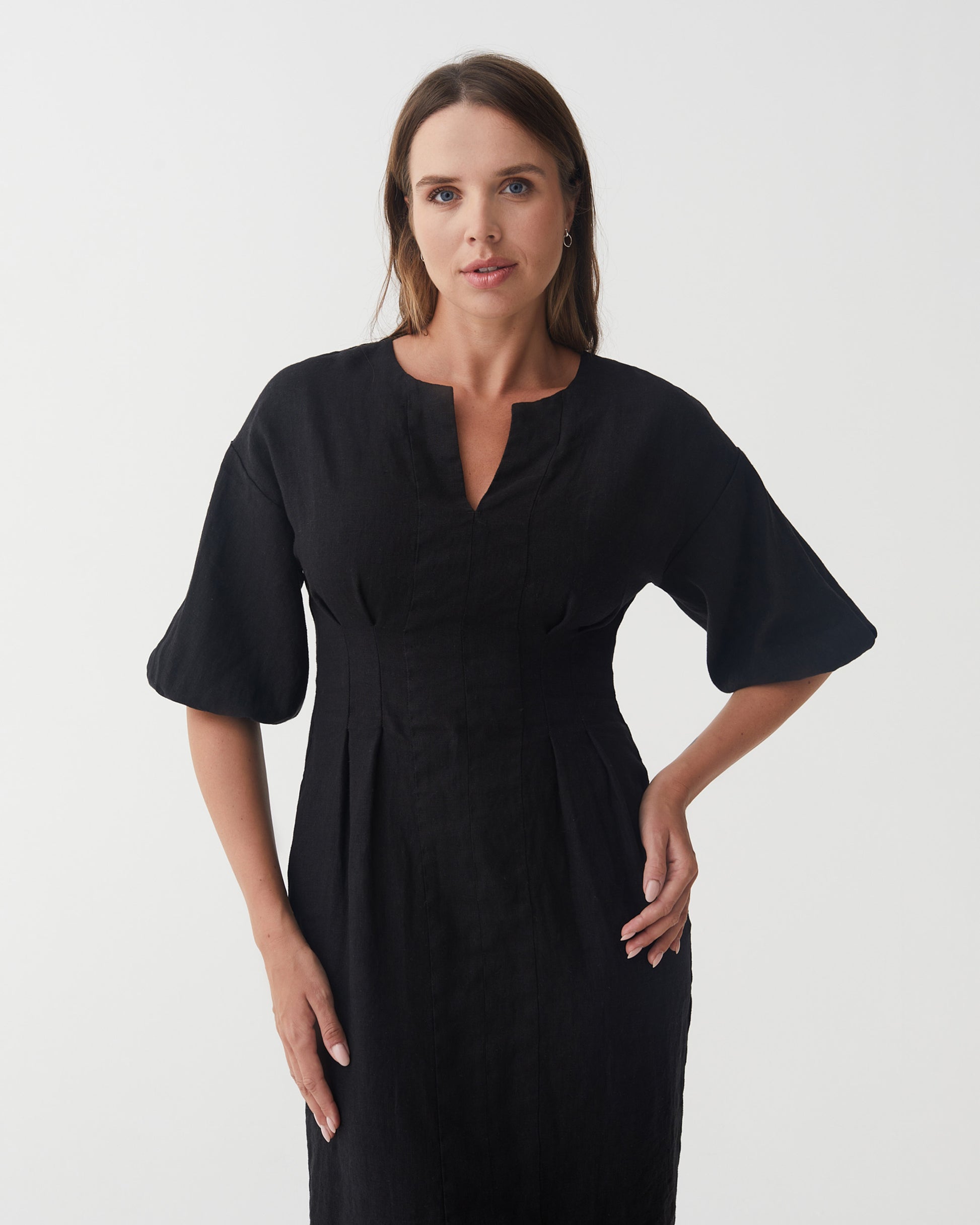 Balloon Sleeve Linen Dress BORNEO in Black | MagicLinen