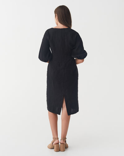 Balloon Sleeve Linen Dress BORNEO in Black | MagicLinen modelBoxOn