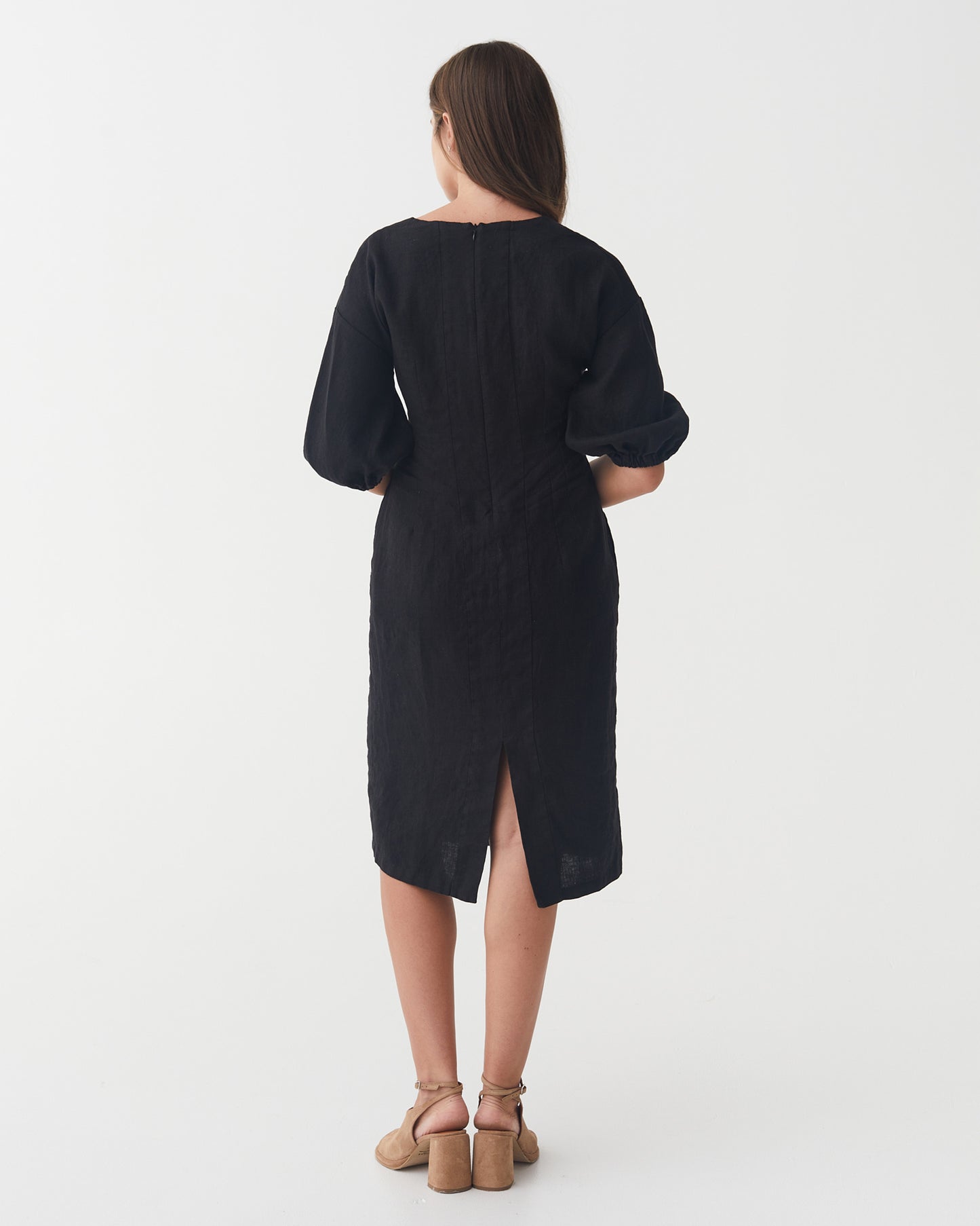 Balloon Sleeve Linen Dress BORNEO in Black | MagicLinen