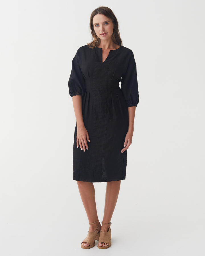 Balloon Sleeve Linen Dress BORNEO in Black | MagicLinen modelBoxOn