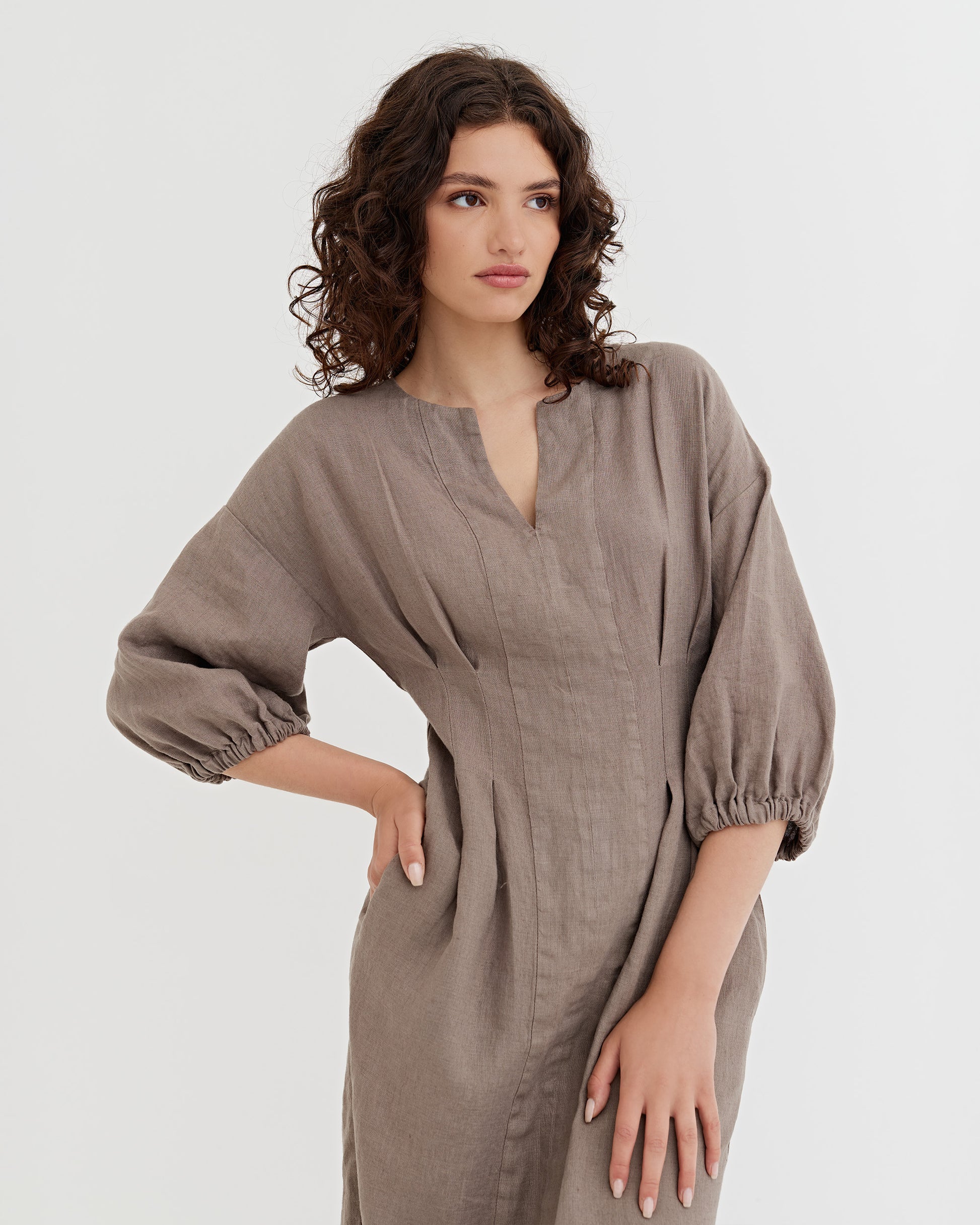 Balloon Sleeve Linen Dress BORNEO in Deep taupe | MagicLinen
