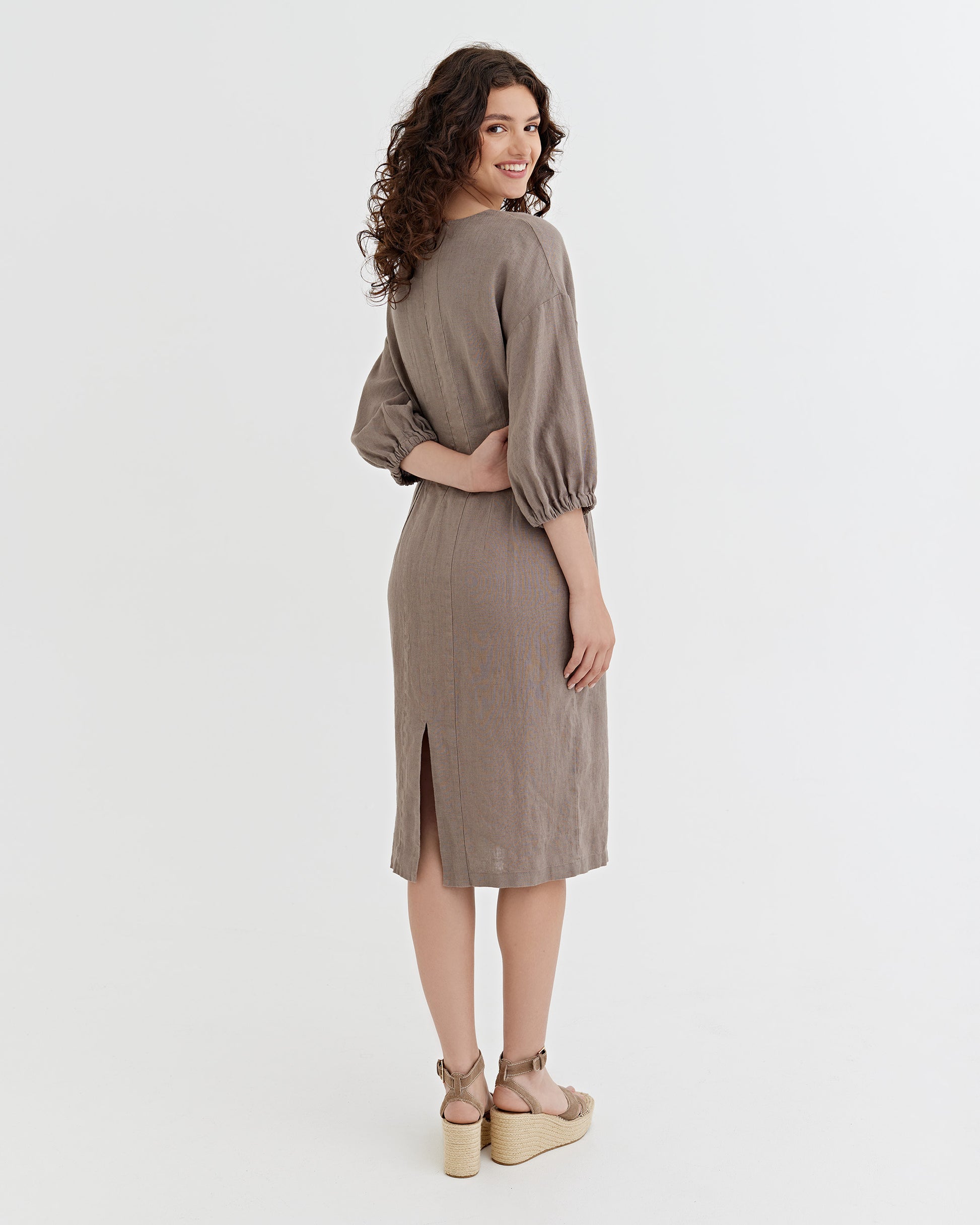 Balloon Sleeve Linen Dress BORNEO in Deep taupe | MagicLinen