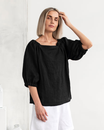 Linen bardot top KORCULA in Black - MagicLinen