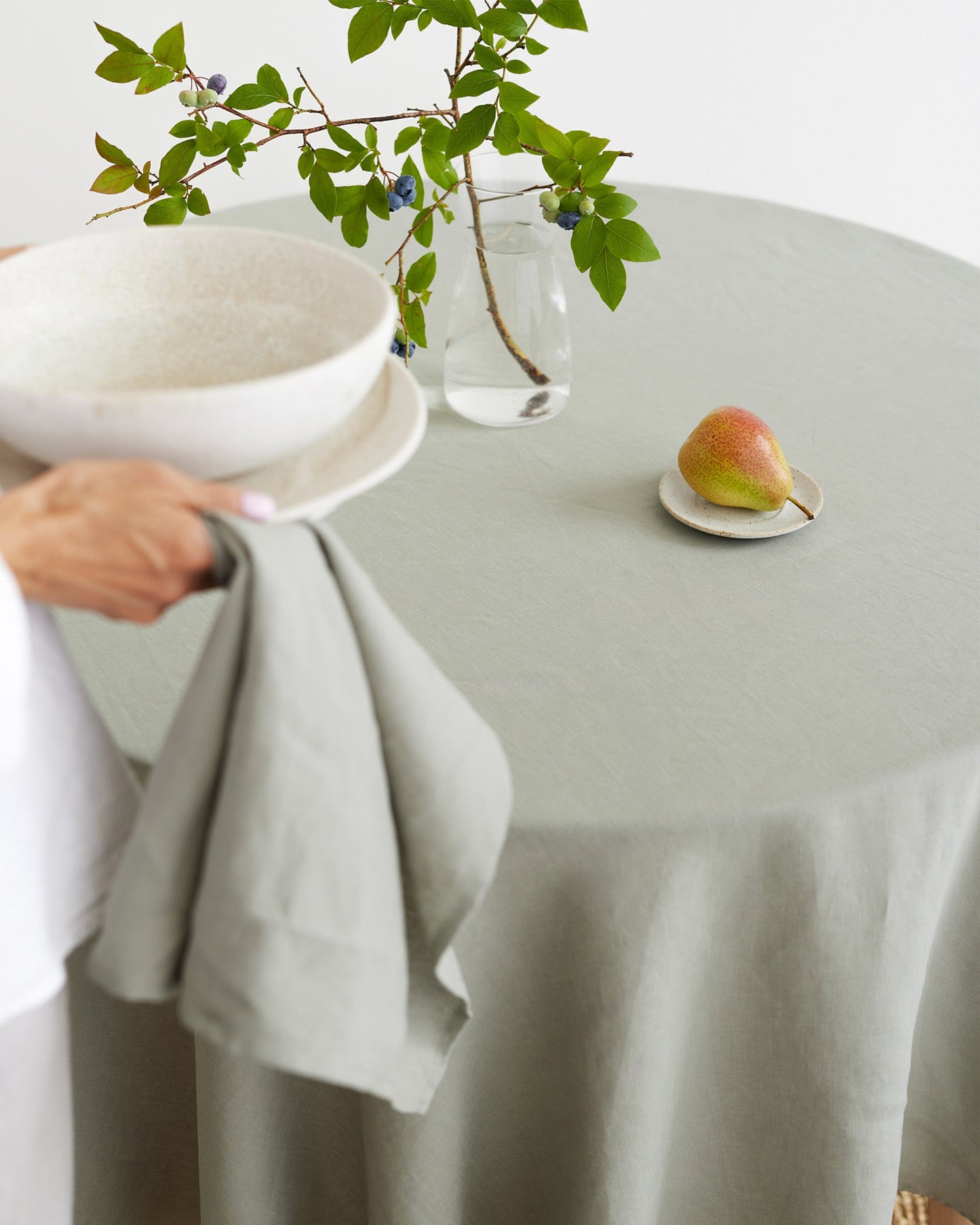 Runde Leinentischdecke in natürlichem Gingham
