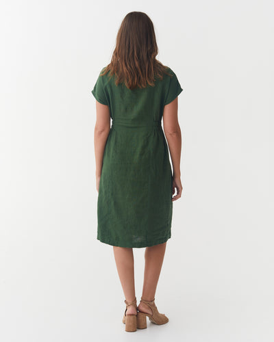 Cap Sleeve Linen Dress SAGUARO in Deep green | MagicLinen modelBoxOn