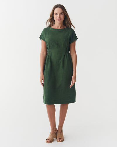 Cap Sleeve Linen Dress SAGUARO in Deep green | MagicLinen modelBoxOn