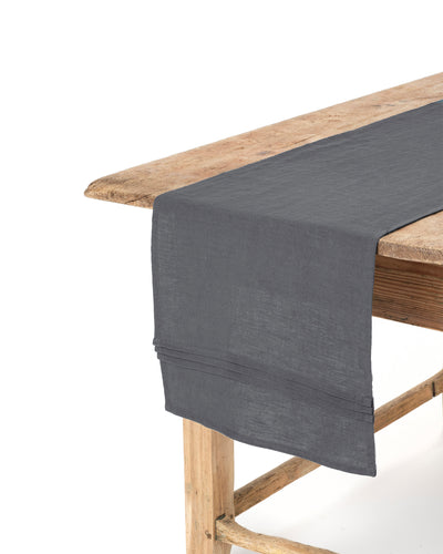 Pleated linen table runner in Charcoal gray