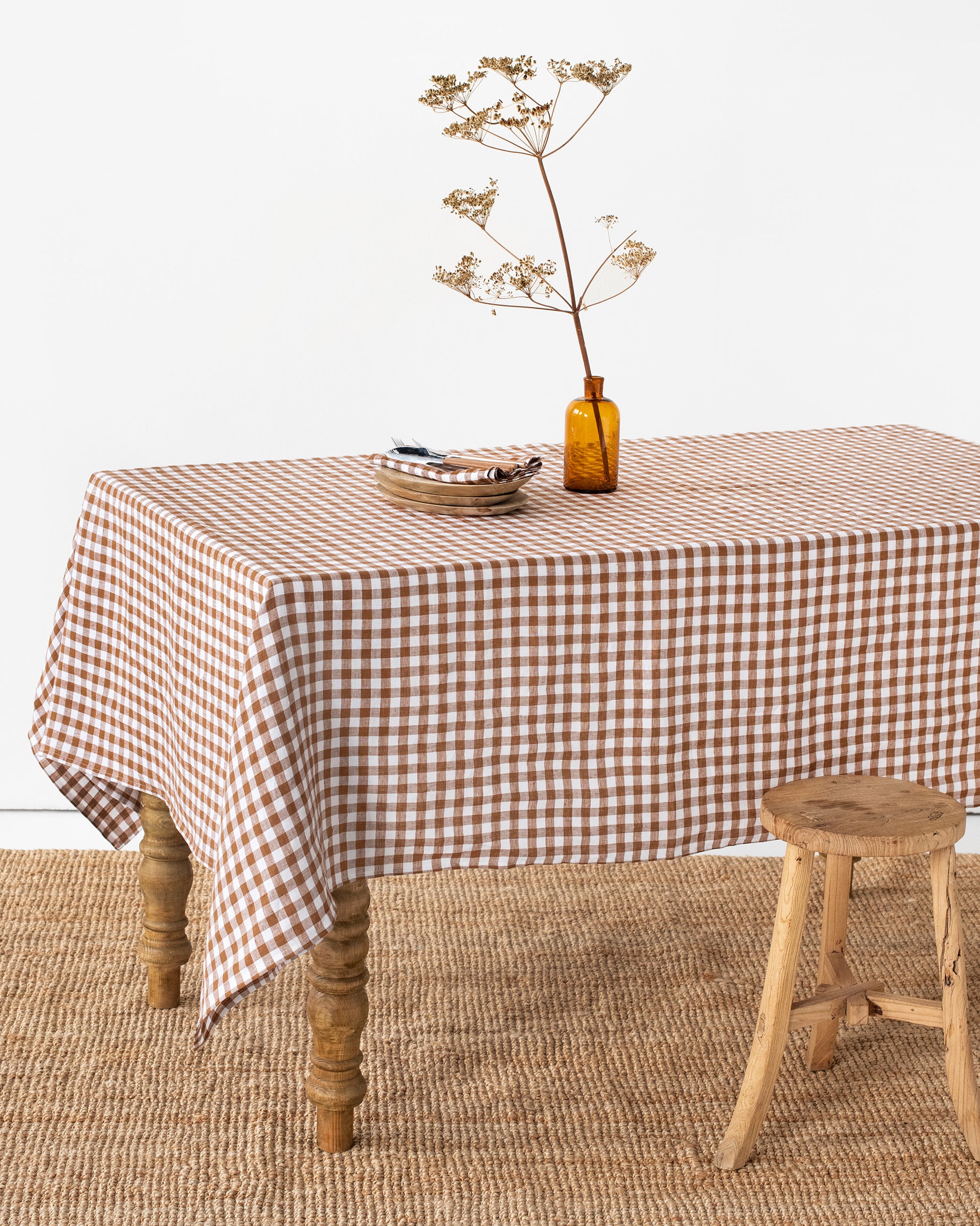Cinnamon gingham linen tablecloth | MagicLinen