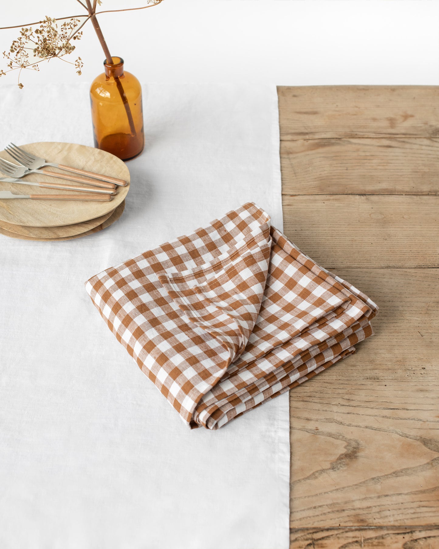 Cinnamon gingham linen tablecloth | MagicLinen