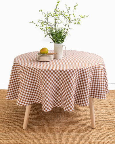 Round linen tablecloth in Cinnamon gingham