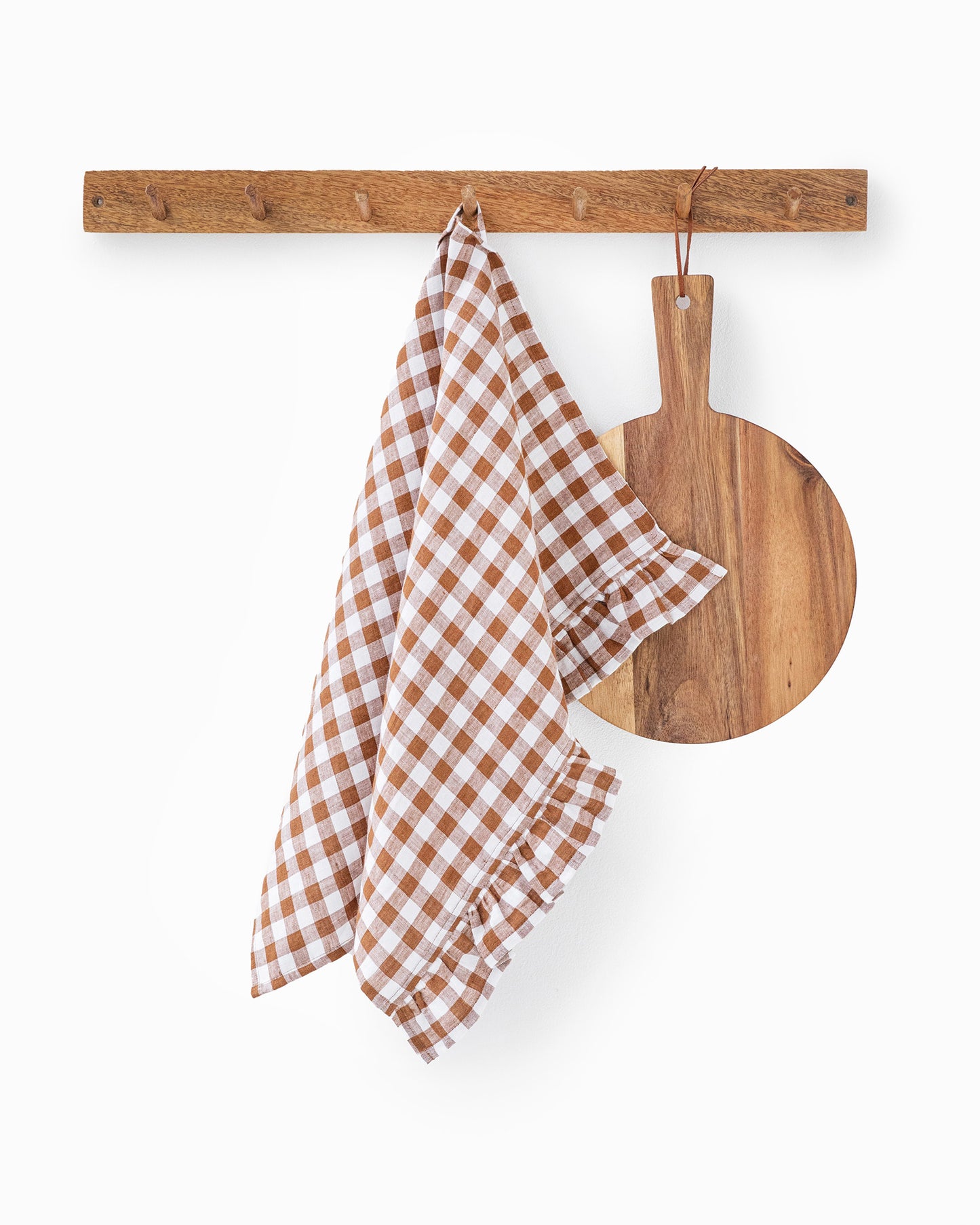 Ruffle trim linen tea towel in Cinnamon gingham - MagicLinen