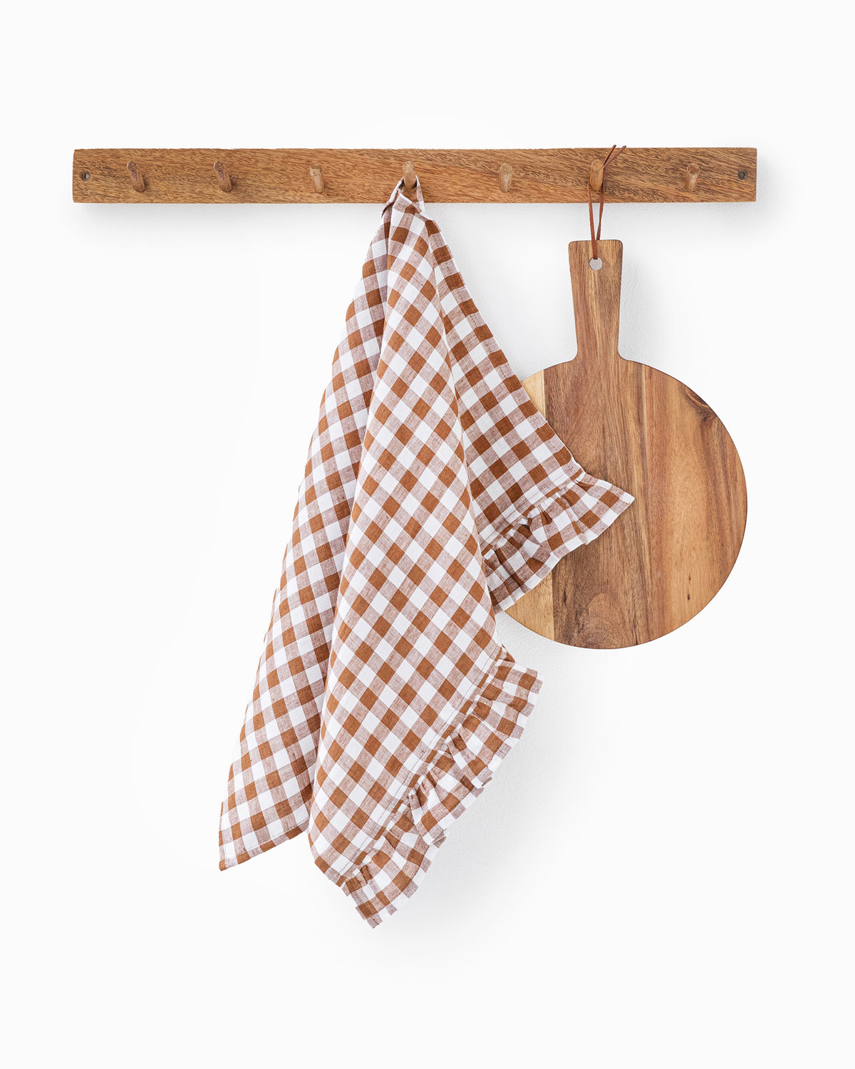 Ruffle trim linen tea towel Cinnamon gingham