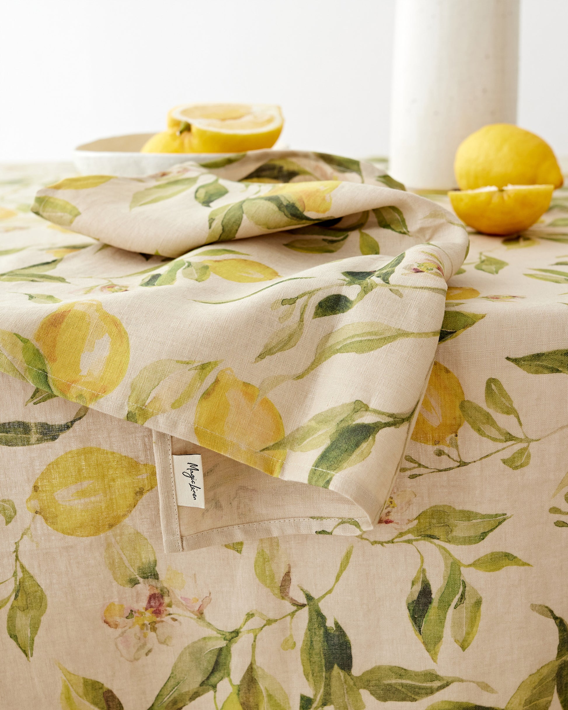 Citrus garden print on natural linen tablecloth | MagicLinen